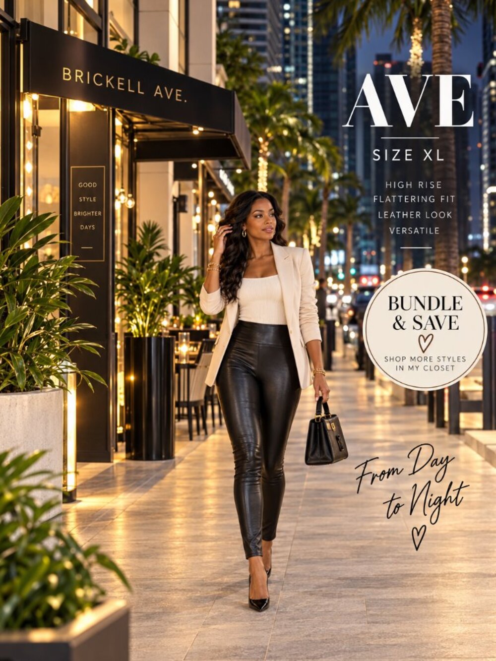 AVE Black Leather Look High Rise Leggings Pants XL